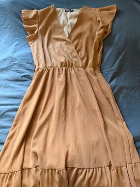 Flutter Sleeve Midi Wrap Dress in Camel